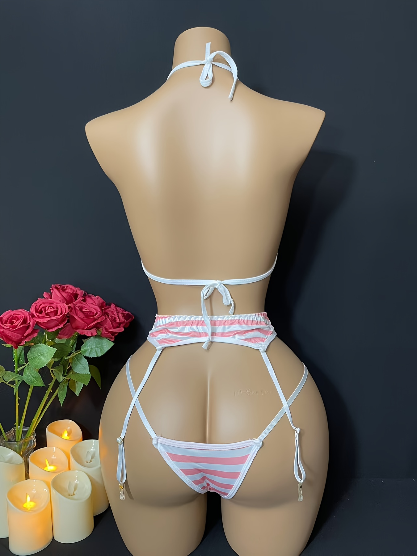 Women's Striped Beach Bikini Lingerie Set with Garter Straps - Ultra- Intimate Three-Piece Swimsuit - Image 4