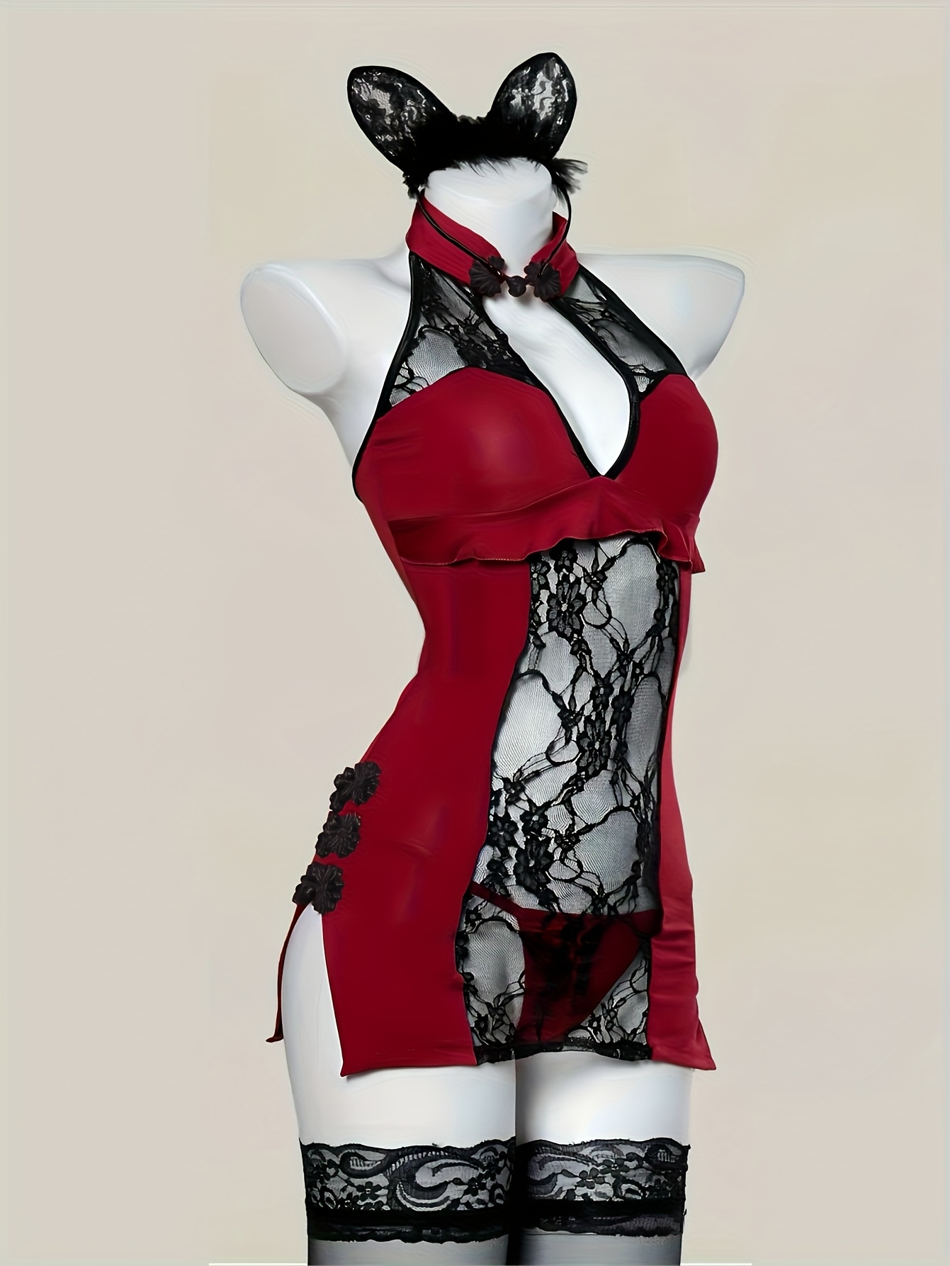 Elegant Deep V-Neck Hollow-Out Sexy Lingerie Nightgown | Jacquard Pattern with Contrast Lace Details, Suitable for Adults