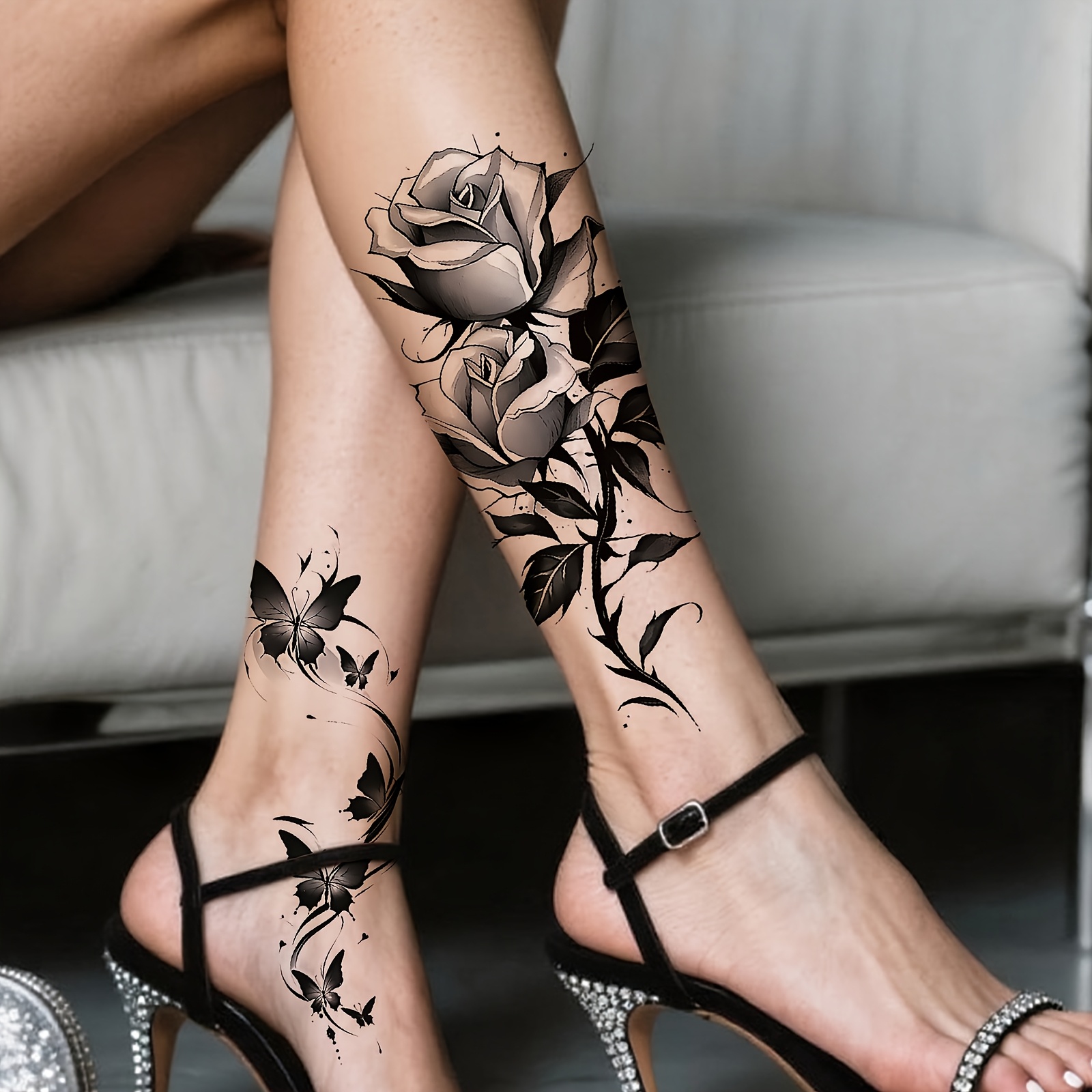 Durable • 2pcs Black Flower & Butterfly Temporary Tattoo Stickers • Waterproof • Long Lasting • Fake Tattoos for Women • Arms, Legs & Chest • Butterfly & Rose Design • Artistic Tattoo Design - Image 5
