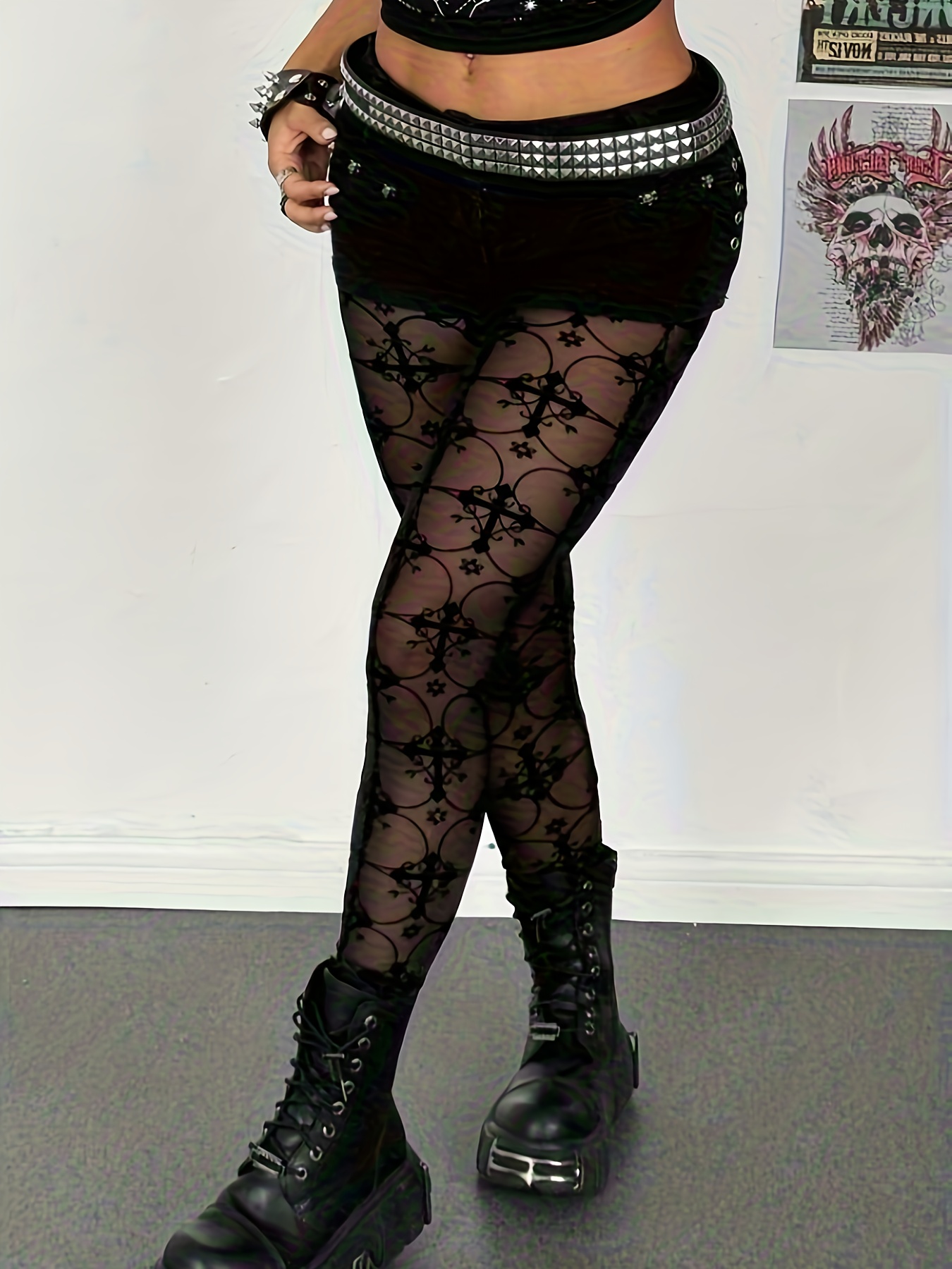 Ladies' Cross Vine Star Pattern Velvet Mesh Sheer Jegging | Elegant and Comfortable, Ideal for Christmas, New Year, Valentine'S Day, Gothic Style, Fall/Winter Season, Perfect with Coats - Image 3