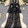 2pcs, Elegant Long Bathrobe, Transparent Kimono, Long-sleeved Lace Transparent Long Dress, Sexy Deep V See-through Drawn-out One-piece DressIncluding Robe And Belt, A Choice For A Romantic Night
