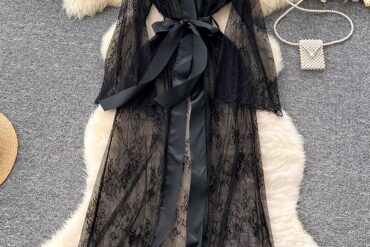 2pcs, Elegant Long Bathrobe, Transparent Kimono, Long-sleeved Lace Transparent Long Dress, Sexy Deep V See-through Drawn-out One-piece DressIncluding Robe And Belt, A Choice For A Romantic Night