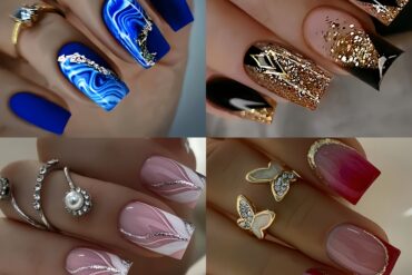 96pcs Acrylic French Press Nail Set | Glossy Black, Blue, Red, Pink with Gradient and Stripe Patterns, Includes Gel and Nail File for