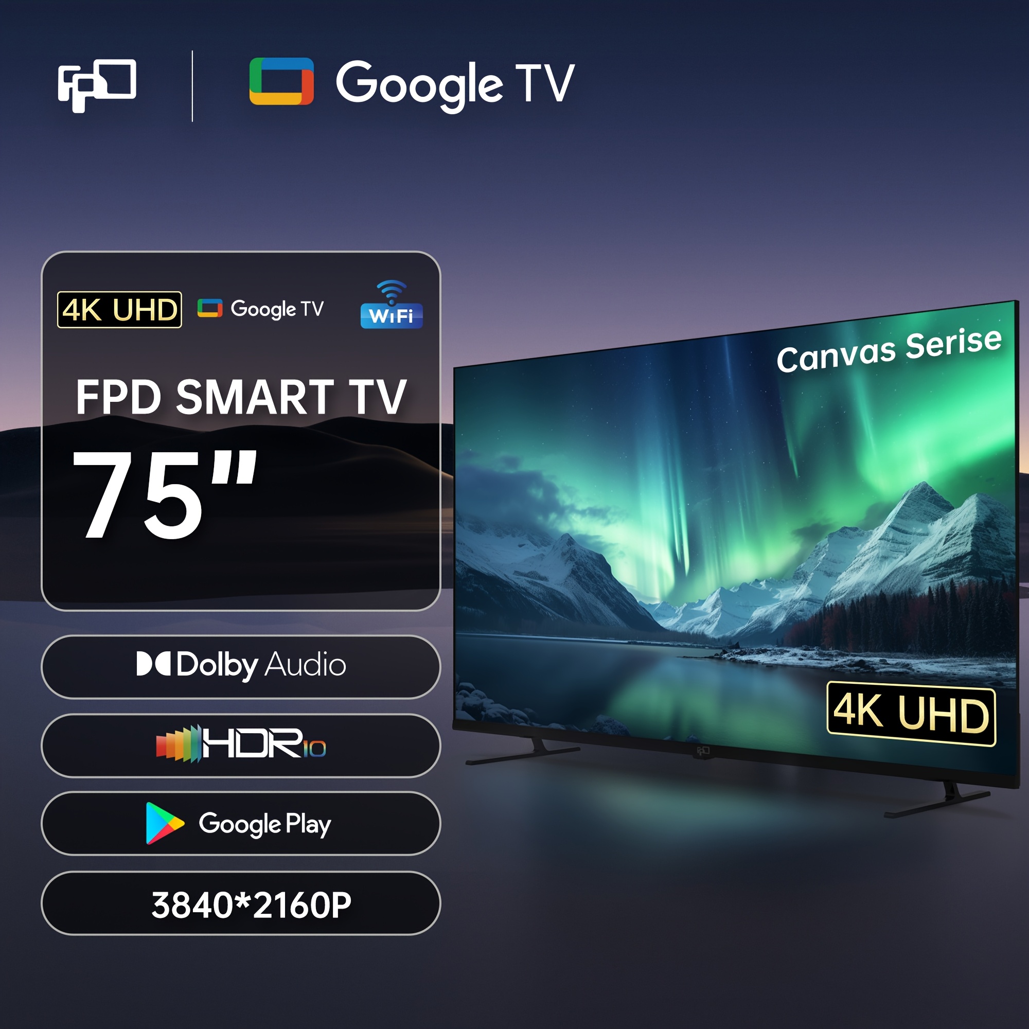 75" 4K UHD Smart TV with Google Play & Google Cast Built-in, HDR 10, Voice Assistant Remote, 4K LED Display, 16:9 Aspect Ratio, 330 Brightness, 60Hz Refresh Rate, Wall-Mountable, 110V/220V, US Plug, No Battery Needed, Google TV, Home Entertainment, Modern Television, Highresolution Display, Home Theater, Sleek Design, Premium Build, Home Users