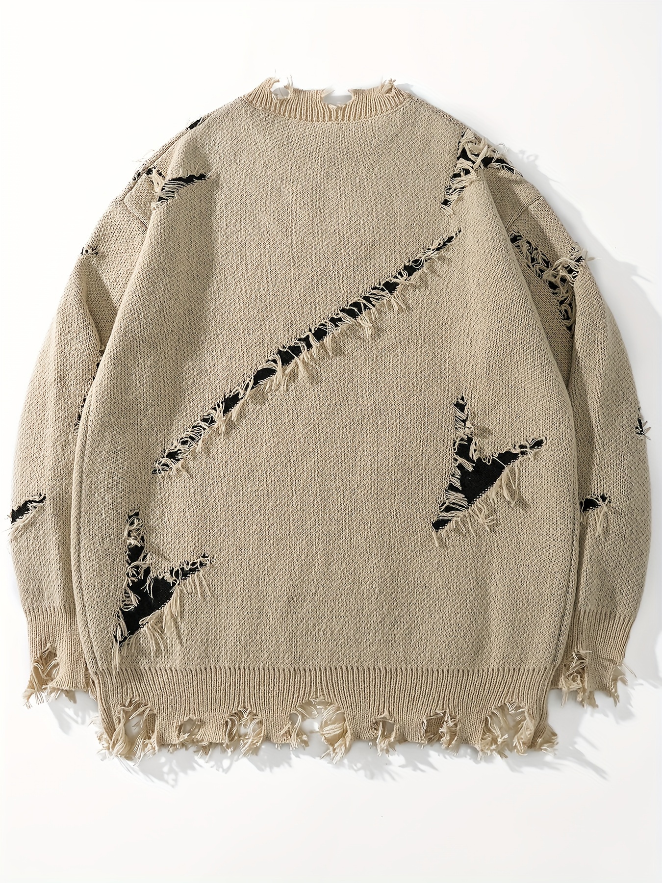 Men's Autumn Winter Long Sleeve Pullover Sweater - Relaxed Fit Drop Shoulder, Distressed Letter Embroidery & Ripped Details, Medium Elasticity Fabric - Image 8