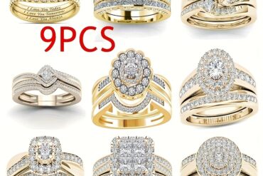 9pcs Classic Women's Multi Style Wedding Ring Set, Set with Synthetic Zirconia Rings, Perfect Daily Women's Wear Jewelry Accessories