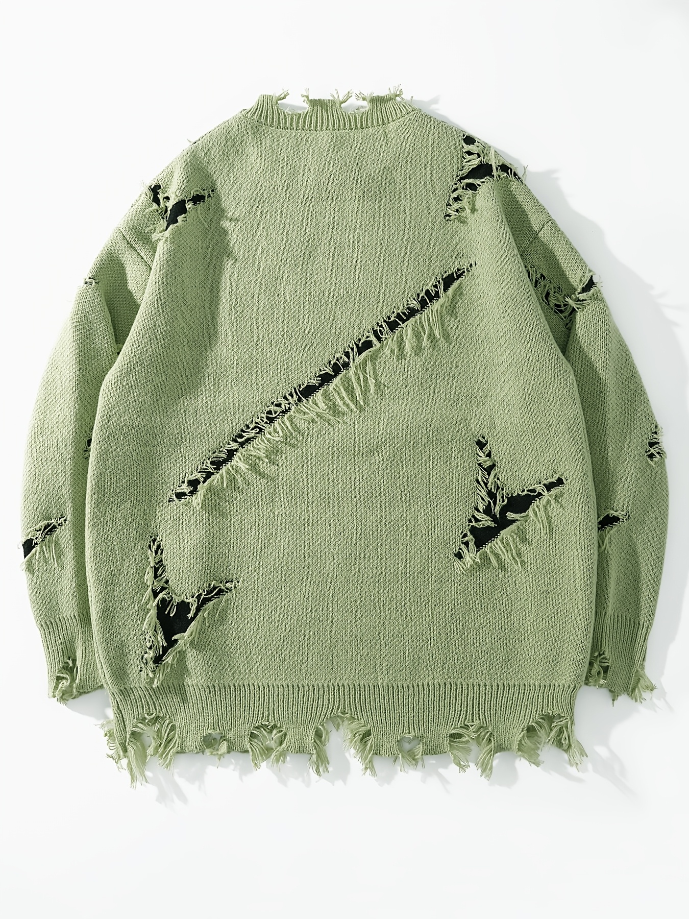 Men's Autumn Winter Long Sleeve Pullover Sweater - Relaxed Fit Drop Shoulder, Distressed Letter Embroidery & Ripped Details, Medium Elasticity Fabric - Image 6