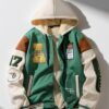 Men'S Casual Hooded Baseball Jacket with Embroidered Lettering, Color Block Design, Snap Closure, Long Sleeves, and Pockets - Green & White, Regular Fit for Outdoor Sports & Casual Attire, Casual Outdoor Wear | Color Block Jacket | Durable Fabric Ja