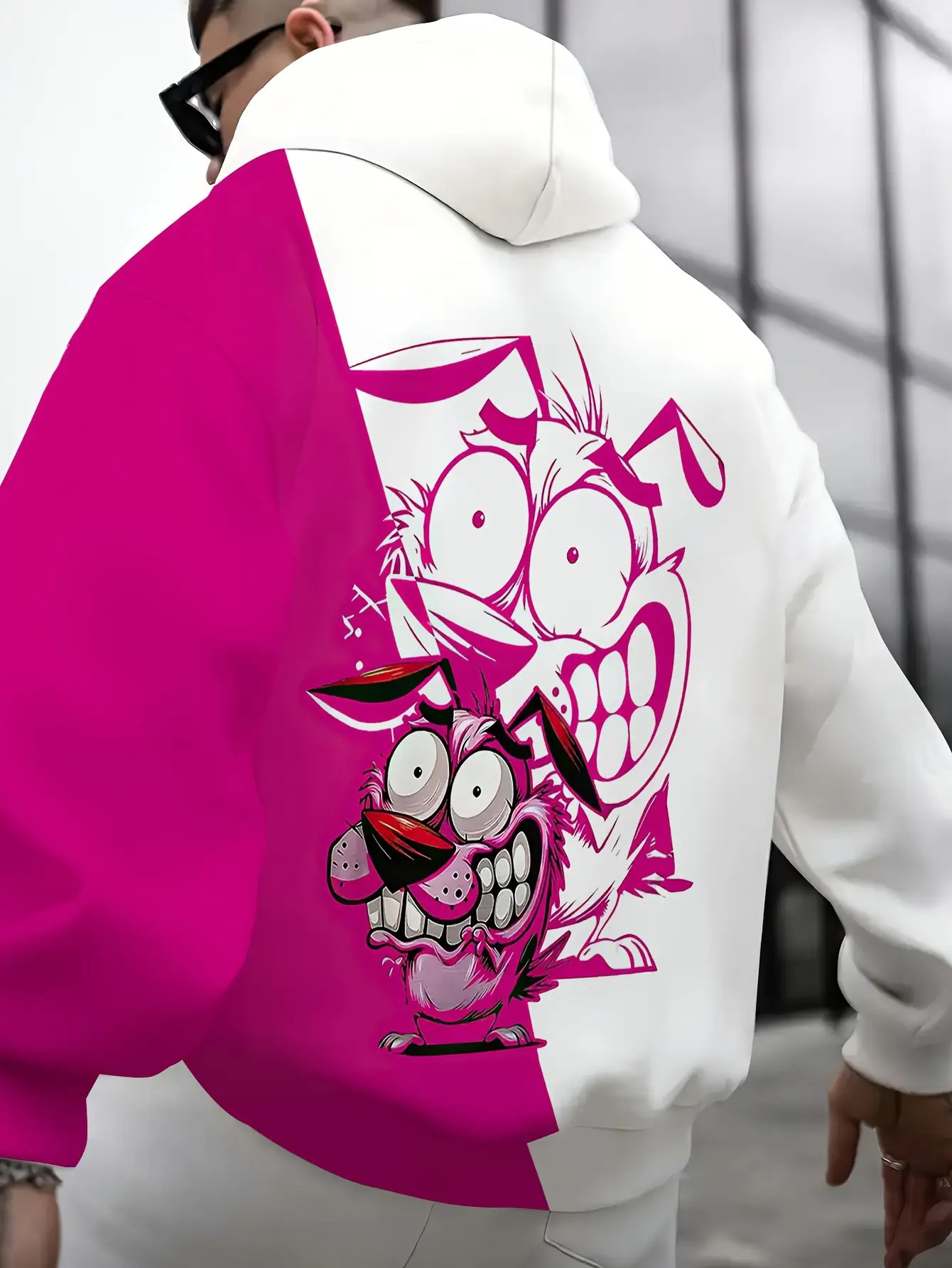 Men's Oversized 3D Graffiti Print Hoodie with Pink/White/Yellow/Black Dog & Daffy Duck-Inspired Back Print - Loose Fit Streetwear Pullover, Kangaroo Pocket, Machine Washable Casual Sweatshirt, PLUS SIZE