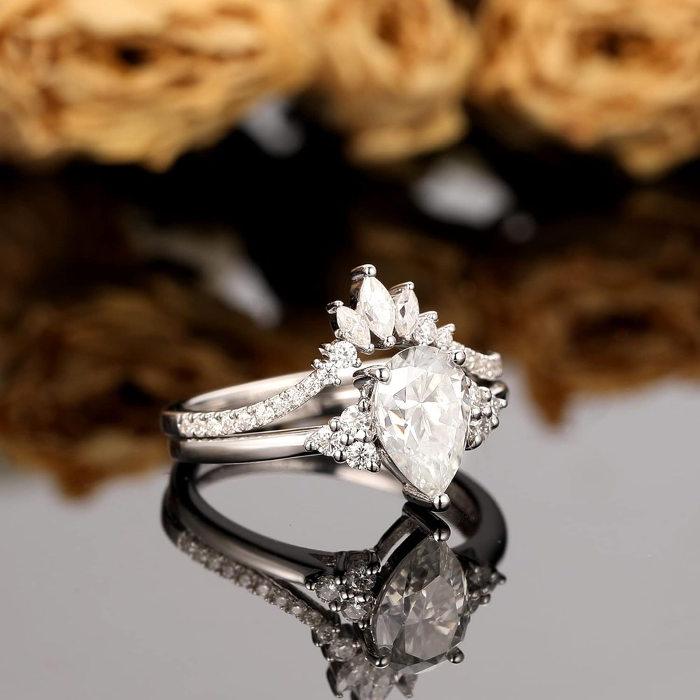Statement Ring - Excellent Pear Cut 1.50 Carat Genuine Moissanite Wedding Set - Proposal Ring - 925 Sterling Silver Bridal Rings - Vintage Engagement Bridal Set Ring - Marquise Moissanite Wedding Band - Promise Ring for Women - Image 5
