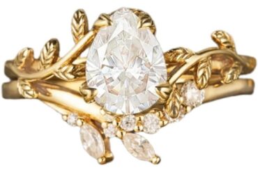 Vintage Pear Moissanite Engagement Ring Set for Women 925 Silver 10K Golden Plated Nature Inspired Leaf Engraved Handmade Moissanite Bridal Ring Set with Stacking Wedding Band, Moissanite Engagement Ring, Radiant Cut Moissanite Engagement Ring