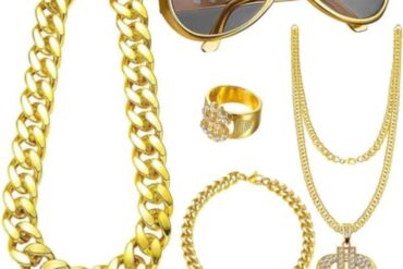 5pcs Hip Hop Accessory Kit - Retro Chains with Coin-Loaded Chains, Punk Style Glasses & Dollar Ring for 80s 90s Rapper Outfits, Costume Parties, Themed Events - Vintage Hip-Hop for & (5pcs)