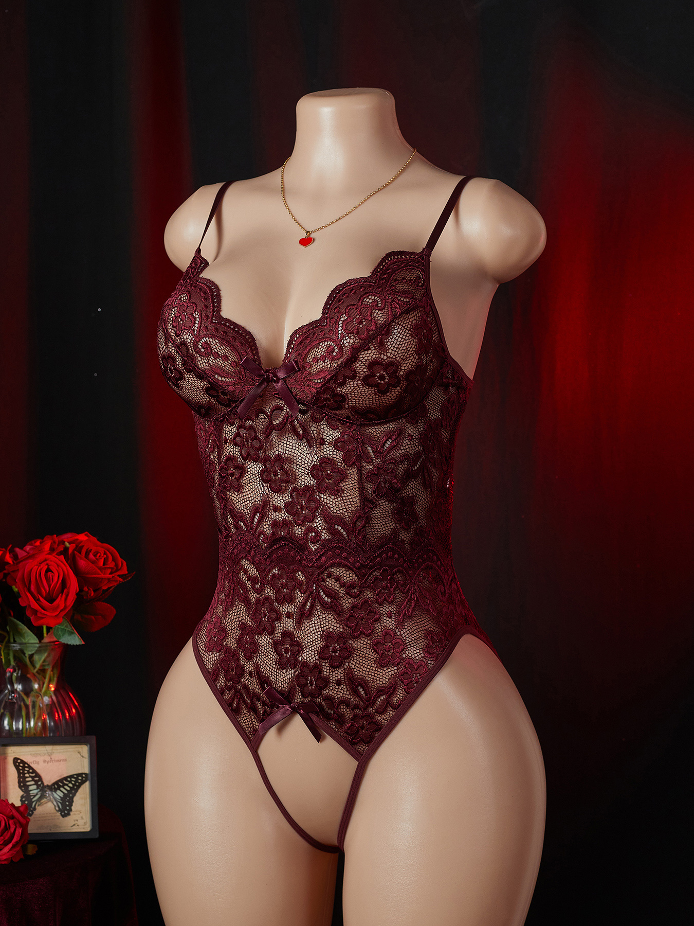 Women's Sexy Lace Lace-Up Design Deep V Hollow-Out Pure Desire Alluring Open-Crotch Non-Slip Bodysuit