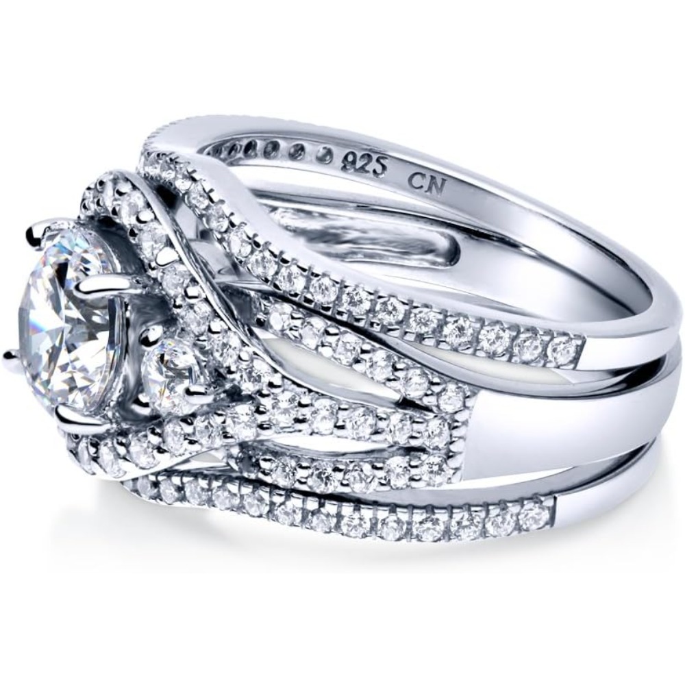 Sterling Silver 3-Stone CZ Wedding Engagement Rings for Women, Stackable Cubic Ring - Clear, Sapphire Blue Colors, 1-3pcs Set - Image 4