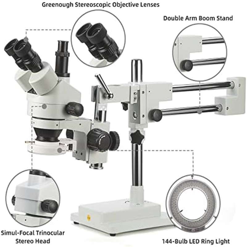 Swift S7 3.5X - 90X Professional Simul - Focal Trinocular Stereo Zoom Microscope with WH10x Eyepieces, 0.7X - 4.5X Objective, 144 LED Ring Light, Double Arm Boom Stand, Includes 0.5X and 2.0X Barlow Lens - Image 4