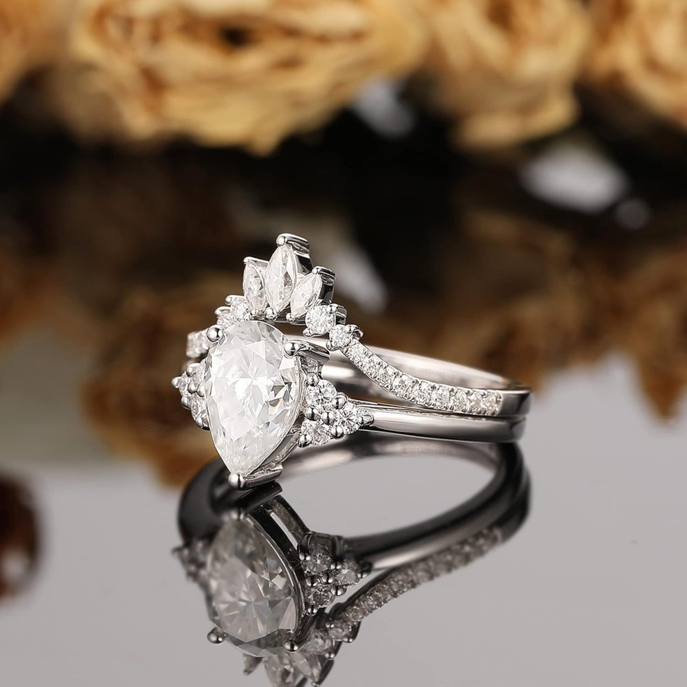 Statement Ring - Excellent Pear Cut 1.50 Carat Genuine Moissanite Wedding Set - Proposal Ring - 925 Sterling Silver Bridal Rings - Vintage Engagement Bridal Set Ring - Marquise Moissanite Wedding Band - Promise Ring for Women - Image 4