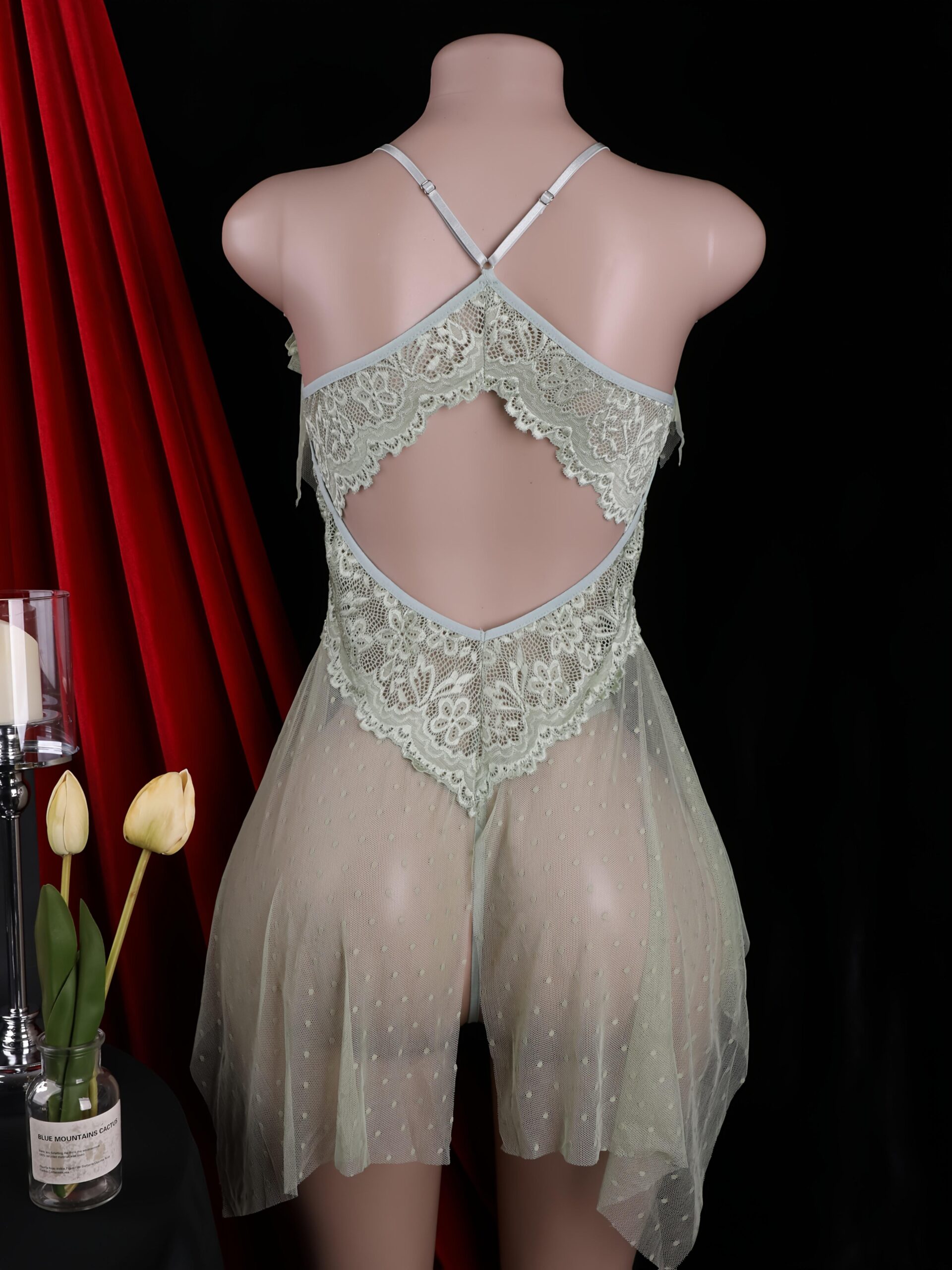 Women's Nightwear, Two-Piece Robe Set, Solid Color Semi-Transparent Lace Deep V Chest-Exposing Polka Dress, Hot Thong, G-String, with Garter Belt, Boudoir Outfit, Seductive Sleepwear, Lace Lingerie, Sheer Nightgown, Breathable Material, Delicate Lace - Image 3