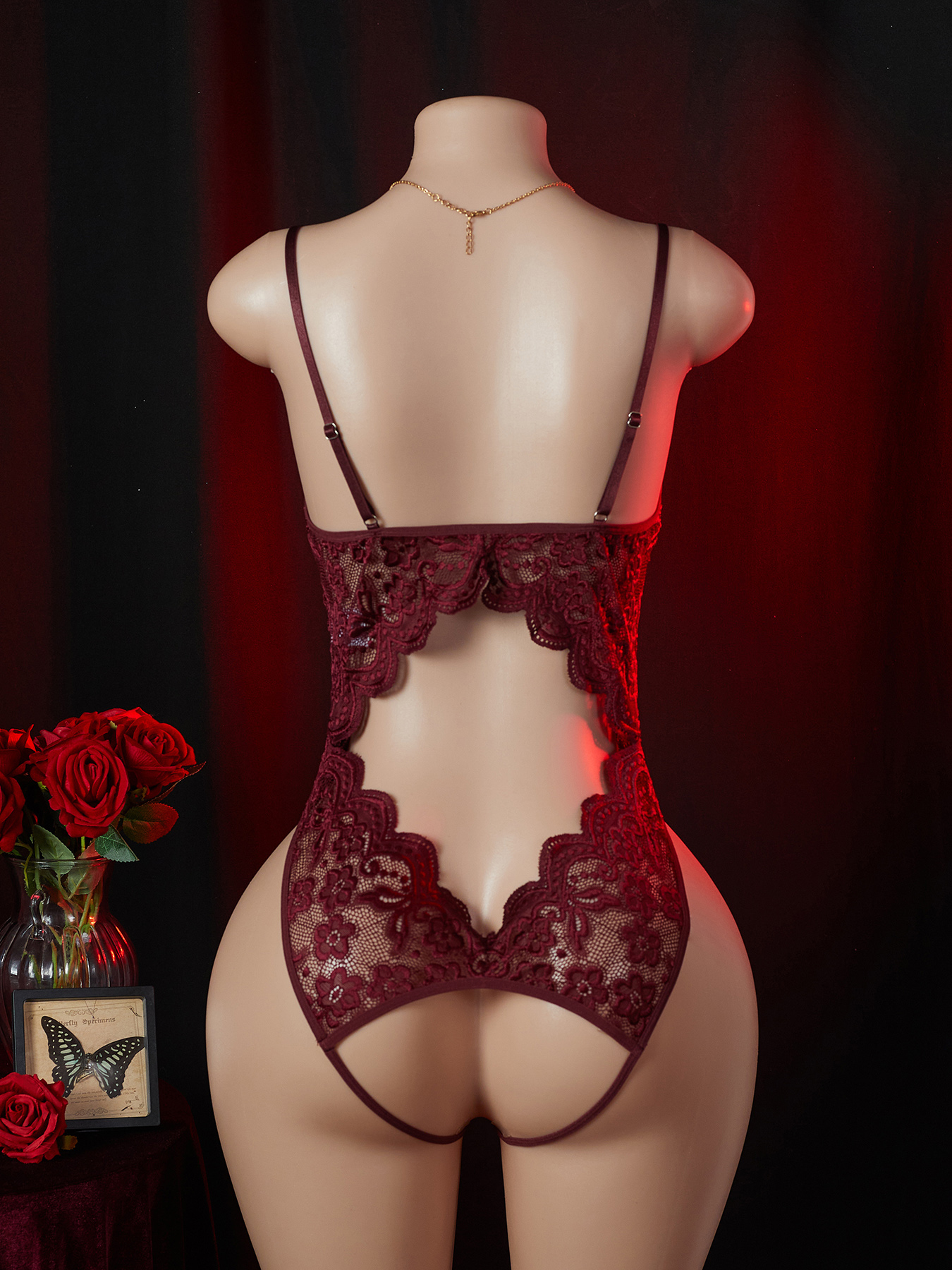 Women's Sexy Lace Lace-Up Design Deep V Hollow-Out Pure Desire Alluring Open-Crotch Non-Slip Bodysuit - Image 2