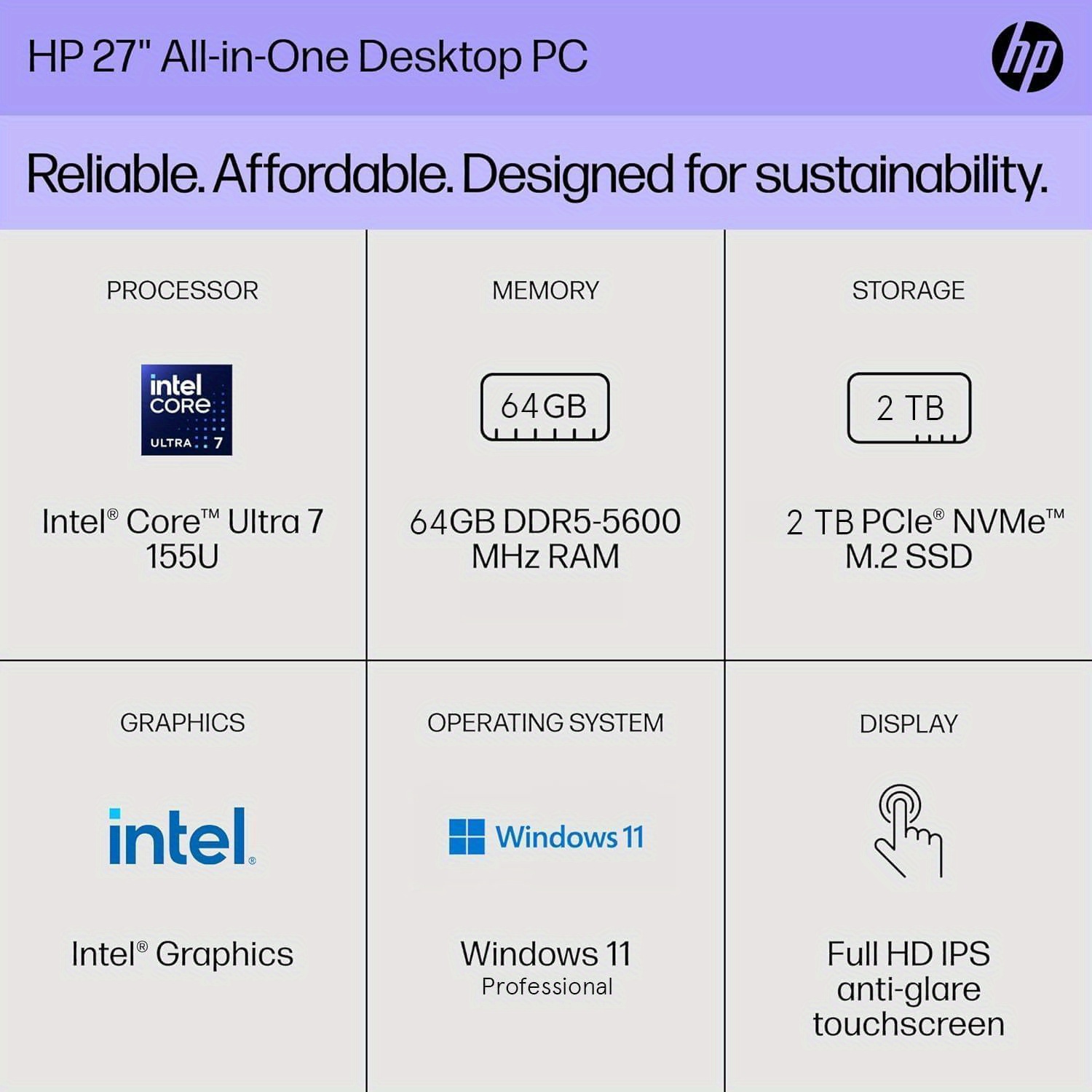 HP All in One Desktop Computer 27 Inch Touchscreen, Intel 12-core Ultra 7 155U(Up to 4.8 GHz), 64 GB DDR5, 2 TB SSD, FHD, Wi-Fi 6, Windows 11 Pro& MS Office Pro 2024 Lifetime License, Accessories, Home Office Computer, Work From Home Setup, Sleek Allinone, Touchscreen Monitor, Highperformance Build, Reliable Hardware, Touchscreen Desktop, Fhd Display, Remote Workers, Professionals - Image 2