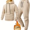 [Trendy Hoodie Pants Set] 2pcs Men's Trendy Jacquard Fleece Lined Hoodie Pants Set | Must Have for Autumn Winter