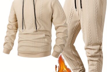 [Trendy Hoodie Pants Set] 2pcs Men's Trendy Jacquard Fleece Lined Hoodie Pants Set | Must Have for Autumn Winter