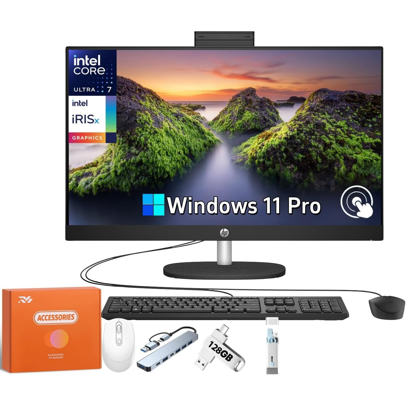 HP All-in-One Desktop Computer, 27" FHD Touch Screen, Intel 12-core Ultra 7 155U(Up to 4.8 GHz), Intel IrisX Graphics, 64 GB DDR5, 4 TB SSD, Wired KB& Mouse, Windows 11 Pro, w/RH-Accessories, Home Office, Workstation Setup, Compact Desktop, Sleek