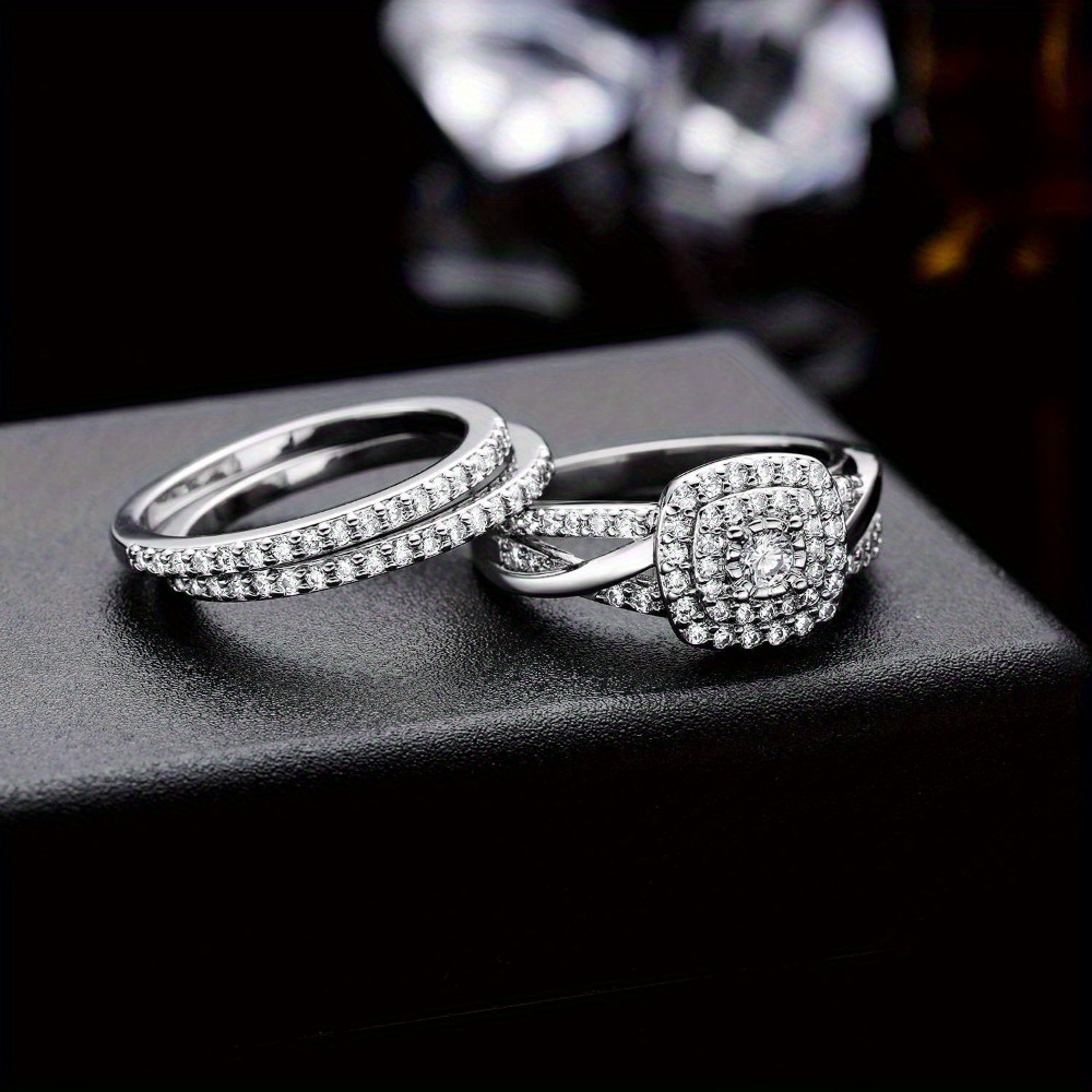 3-in-1 Wedding Band Set: 18K White/Yellow Gold Plated Square Halo Engagement Ring, Eternity Band & Promise Ring for Women - Cubic - Wedding, Affordable Luxury Anniversary Gift Set - Image 6