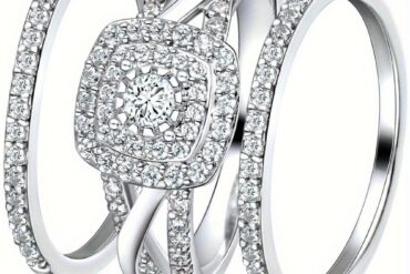 3-in-1 Wedding Band Set: 18K White/Yellow Gold Plated Square Halo Engagement Ring, Eternity Band & Promise Ring for Women - Cubic - Wedding, Affordable Luxury Anniversary Gift Set