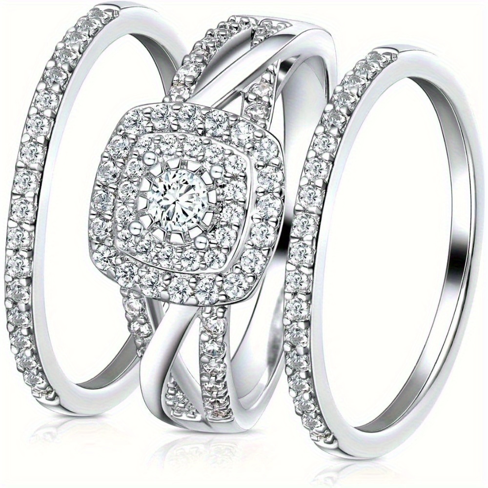 3-in-1 Wedding Band Set: 18K White/Yellow Gold Plated Square Halo Engagement Ring, Eternity Band & Promise Ring for Women - Cubic - Wedding, Affordable Luxury Anniversary Gift Set