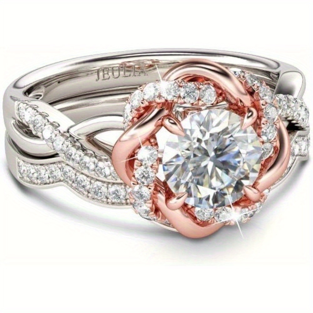 Halo Solitaire Engagement Rings for Women Sterling Silver Floral Flower Rings Rose Gold Plated Moissanite Ring Round Cut Bridal Ring Set Anniversary Promise Rings for Her