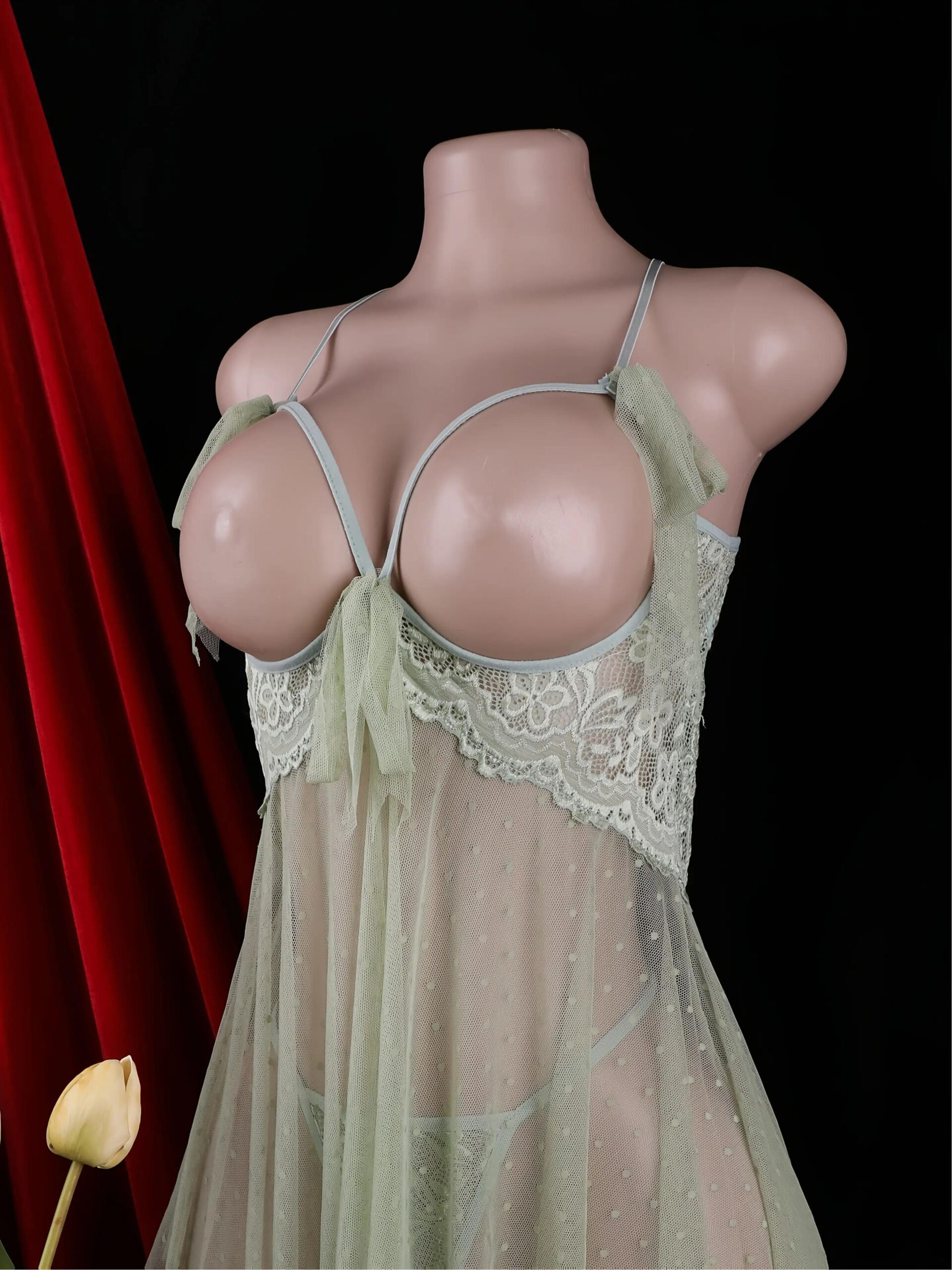 Women's Nightwear, Two-Piece Robe Set, Solid Color Semi-Transparent Lace Deep V Chest-Exposing Polka Dress, Hot Thong, G-String, with Garter Belt, Boudoir Outfit, Seductive Sleepwear, Lace Lingerie, Sheer Nightgown, Breathable Material, Delicate Lace - Image 4