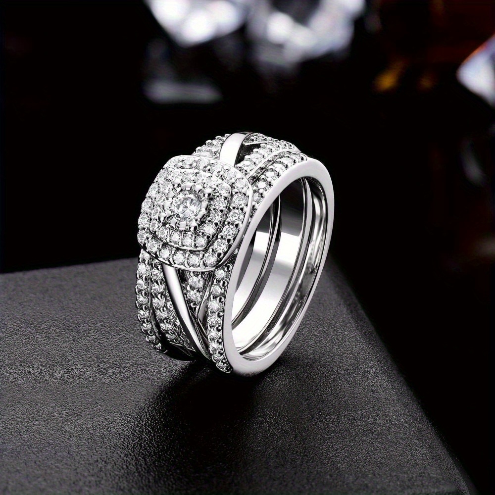 3-in-1 Wedding Band Set: 18K White/Yellow Gold Plated Square Halo Engagement Ring, Eternity Band & Promise Ring for Women - Cubic - Wedding, Affordable Luxury Anniversary Gift Set - Image 4