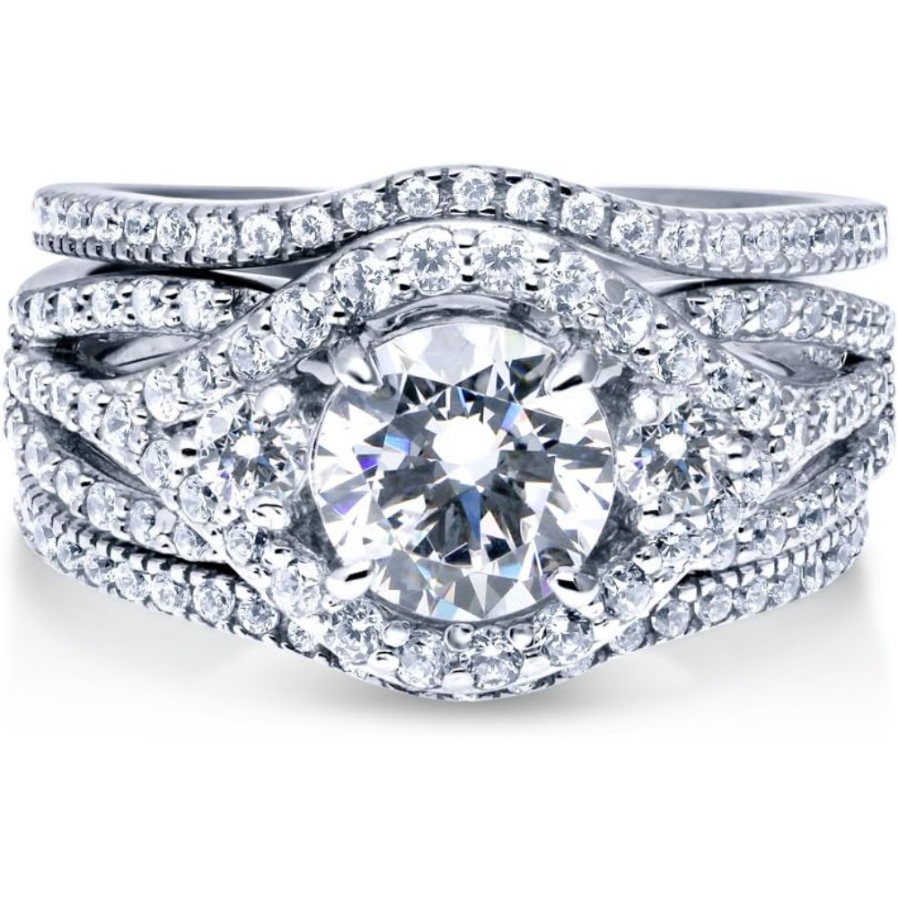 Sterling Silver 3-Stone CZ Wedding Engagement Rings for Women, Stackable Cubic Ring - Clear, Sapphire Blue Colors, 1-3pcs Set - Image 2