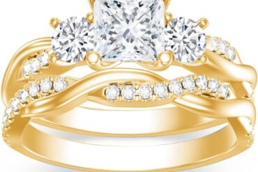 1.46-carat (ctw) Princess-cut Moissanite Twisted Wedding And Engagement Ring Set, Golden-plated Wedding Ring Set, Handcrafted Anniversary Rings, Anniversary Gift, Christmas Gift, Valentine'S Day Gift, Eternal Promise.