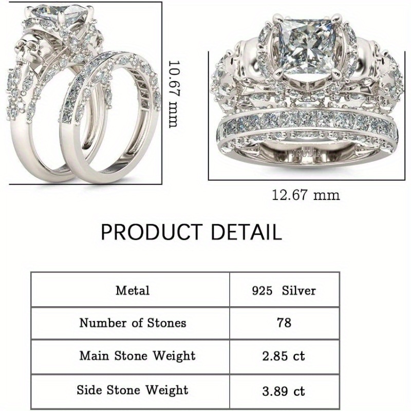 1pc s925 Silver + Moissanite Bone Engagement Ring Set Sterling Silver Promise Eternal Ring Ring, Princess Cut Moissanite Wedding Engagement Anniversary Promise Ring Bride Set - Image 4