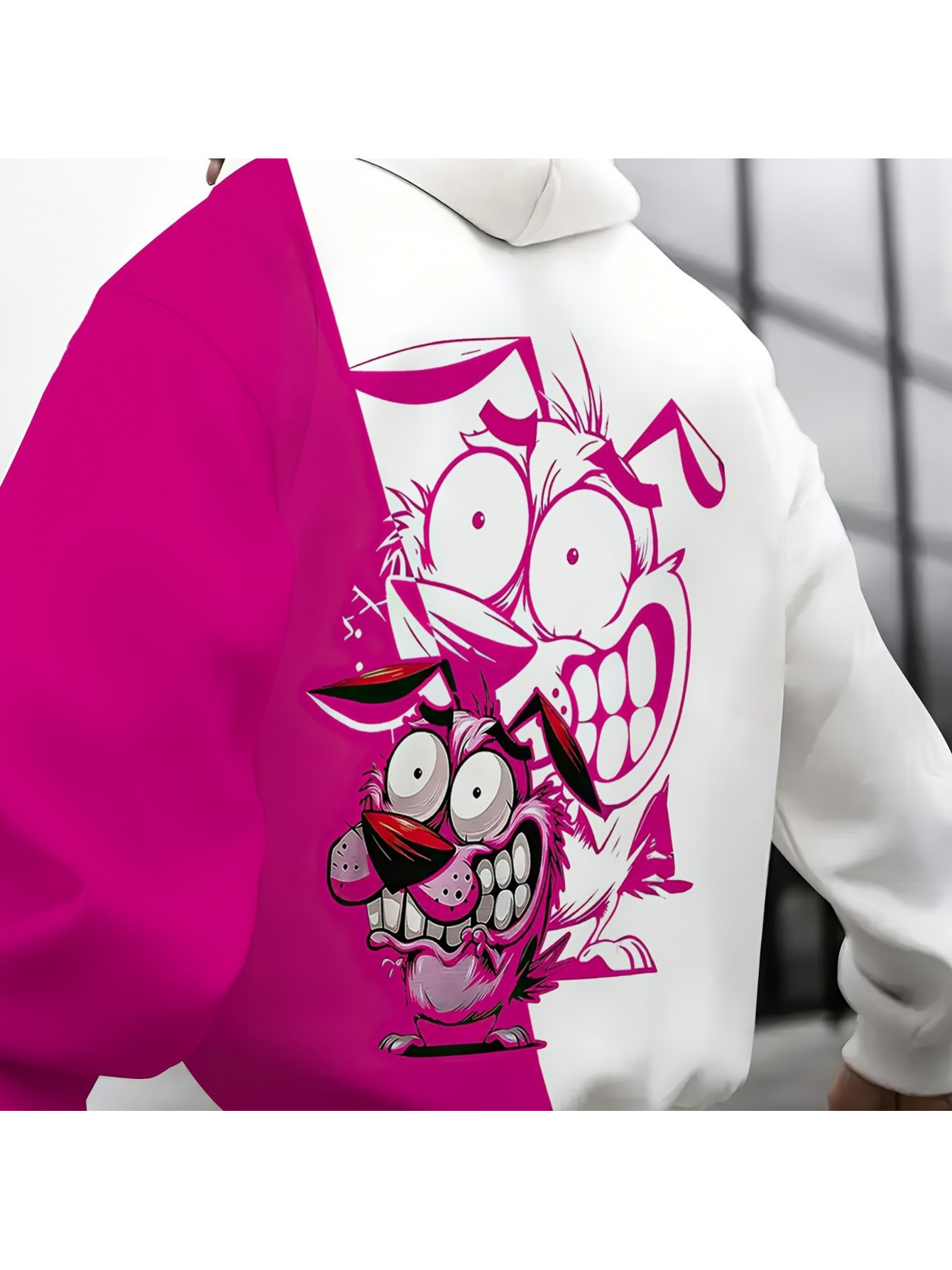 Men's Oversized 3D Graffiti Print Hoodie with Pink/White/Yellow/Black Dog & Daffy Duck-Inspired Back Print - Loose Fit Streetwear Pullover, Kangaroo Pocket, Machine Washable Casual Sweatshirt, PLUS SIZE - Image 6