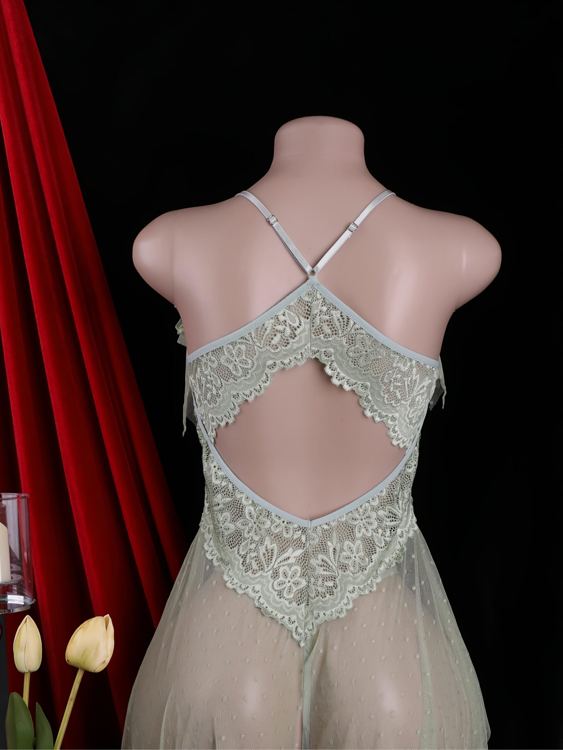 Women's Nightwear, Two-Piece Robe Set, Solid Color Semi-Transparent Lace Deep V Chest-Exposing Polka Dress, Hot Thong, G-String, with Garter Belt, Boudoir Outfit, Seductive Sleepwear, Lace Lingerie, Sheer Nightgown, Breathable Material, Delicate Lace