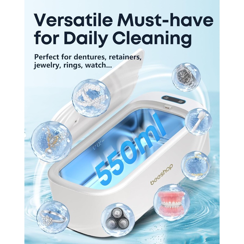 Professional Soundwave technology Jewelry Cleaner 19oz 48Khz Ring Cleaner Soundwave technology Machine with Degas Function 30W Sonic Cleaner for Jewelry Eyeglasses Necklaces Retainers Dentures Watch Strap White - Image 7