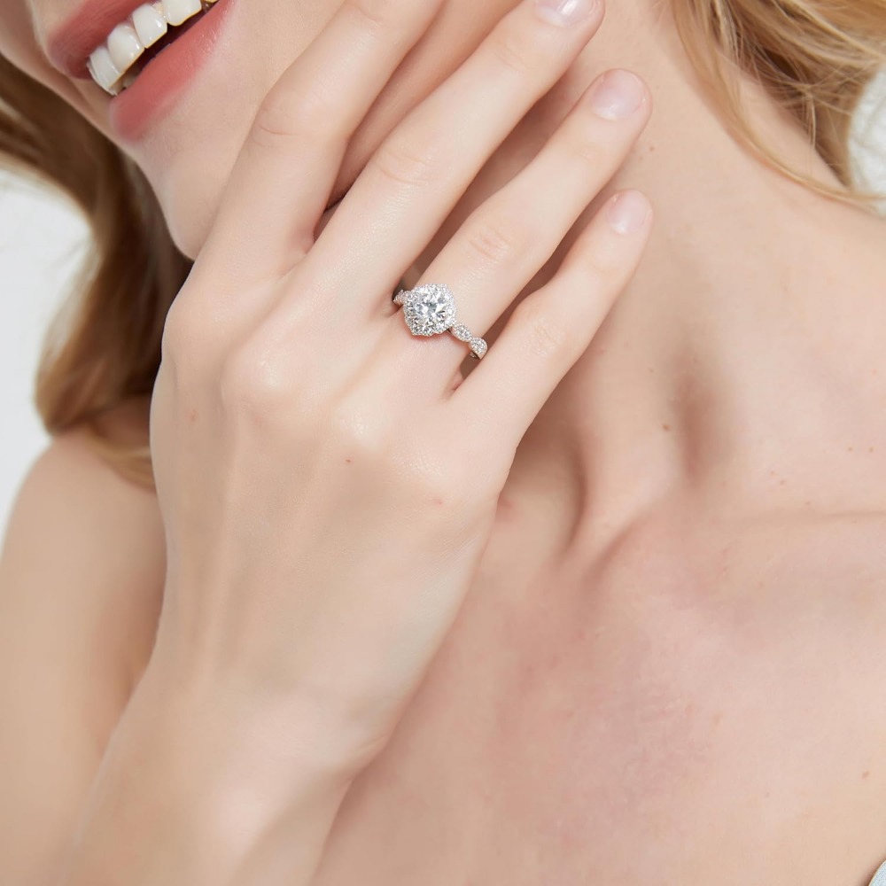 1.5CT Round Cut Genuine Moissanite or Simulated Moissanite Sterling Silver Milgrain Vintage Promise Ring Halo Engagement Ring - Image 5